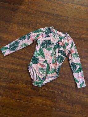 Old Navy Pink Long Sleeve Rash Guard with Green Tropical Leaves